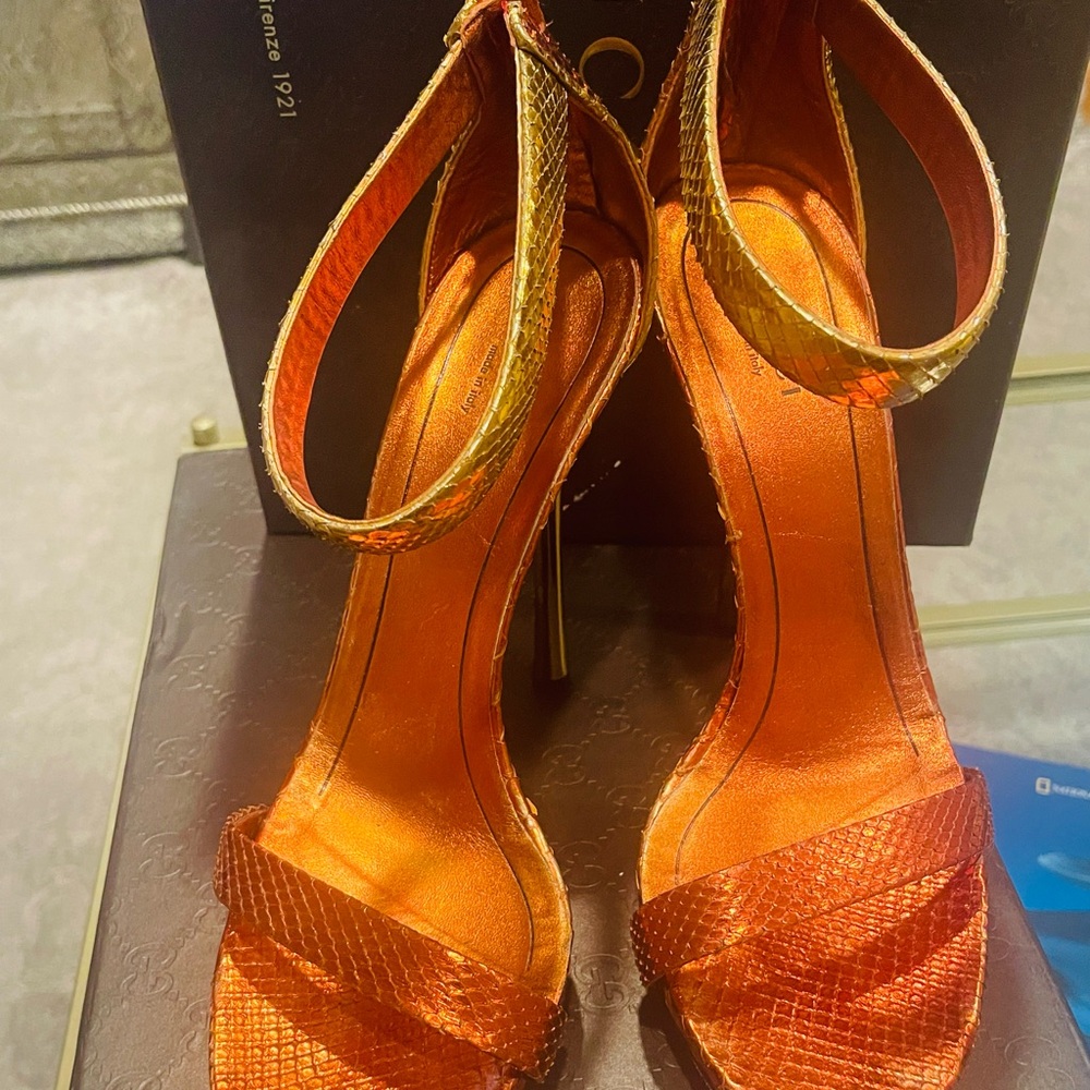 Gucci Orange And Gold Python Heels - image 4